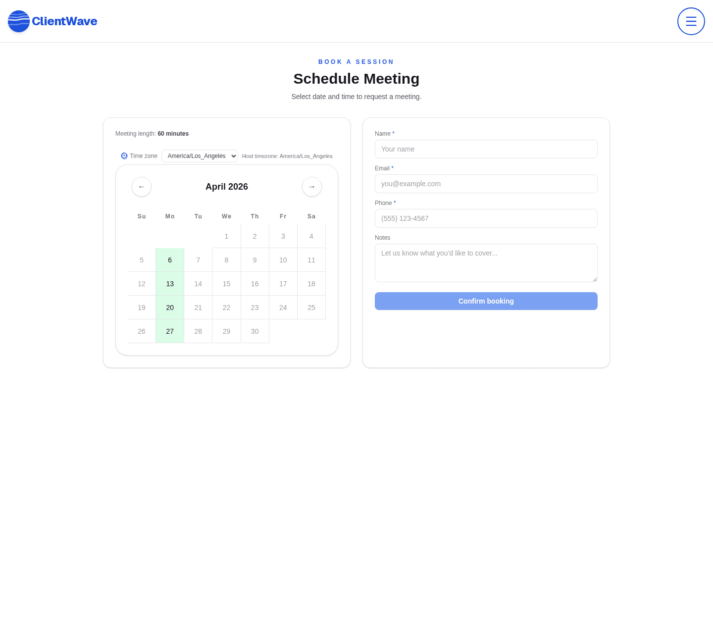 ClientWave public booking page with timezone-aware scheduling
